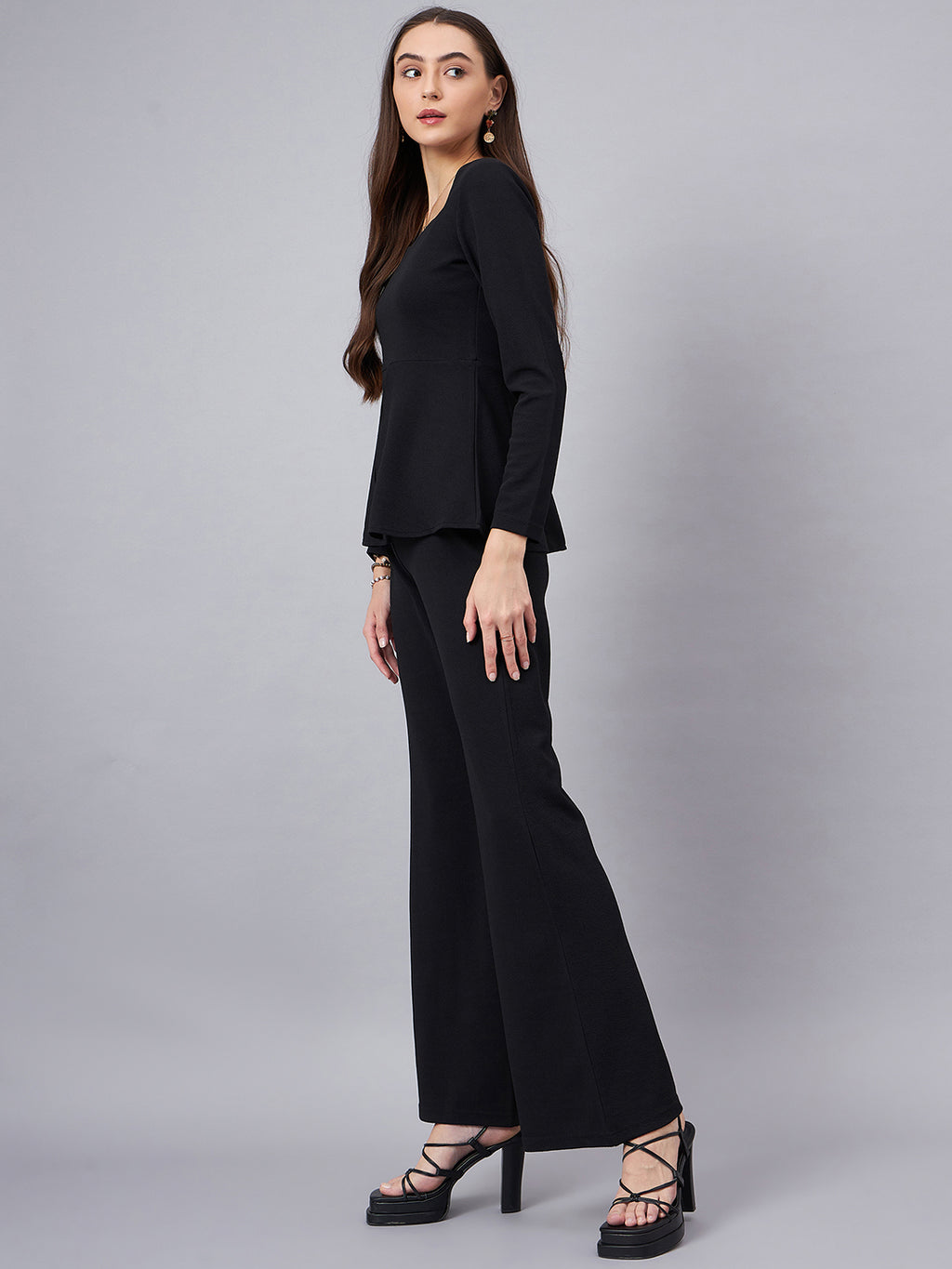 Black Sweetheart Neck Peplum Top With Flared Trousers