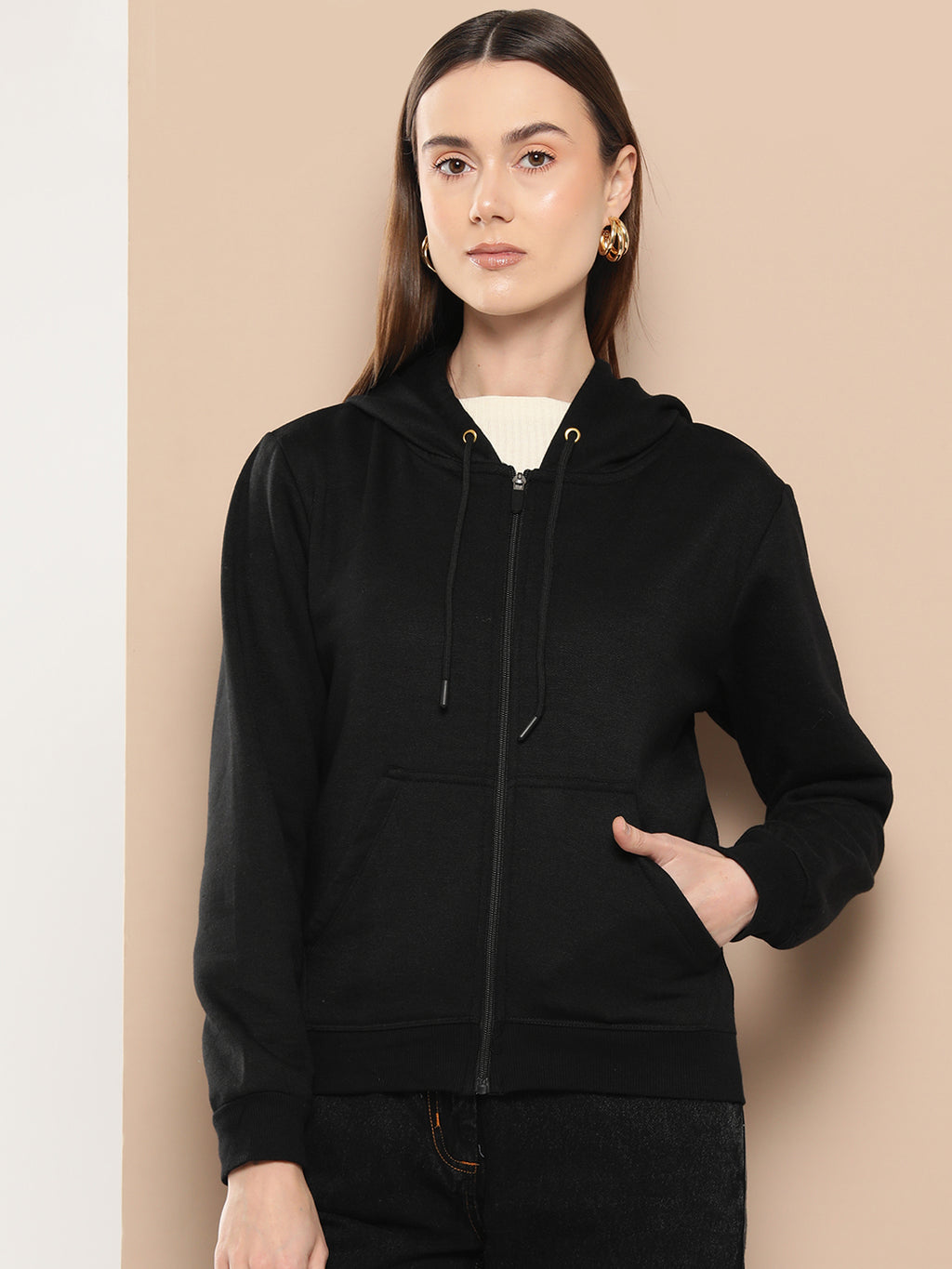 Women Fleece Solid Sporty Jacket