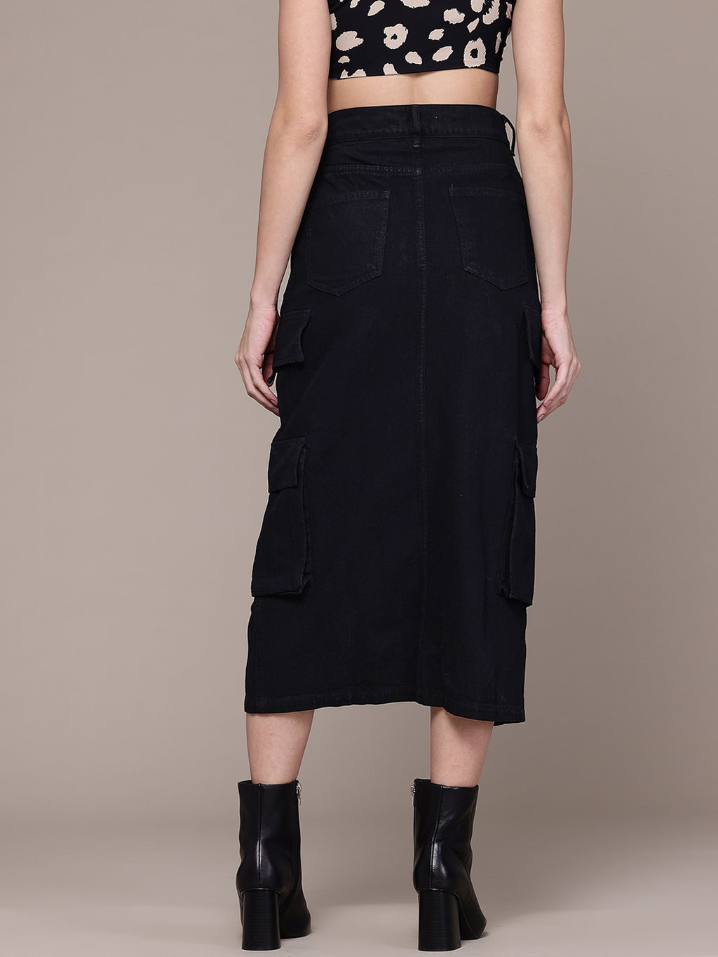 Pure Cotton Black Straight Cargo Denim Midi Skirt with Front Slit