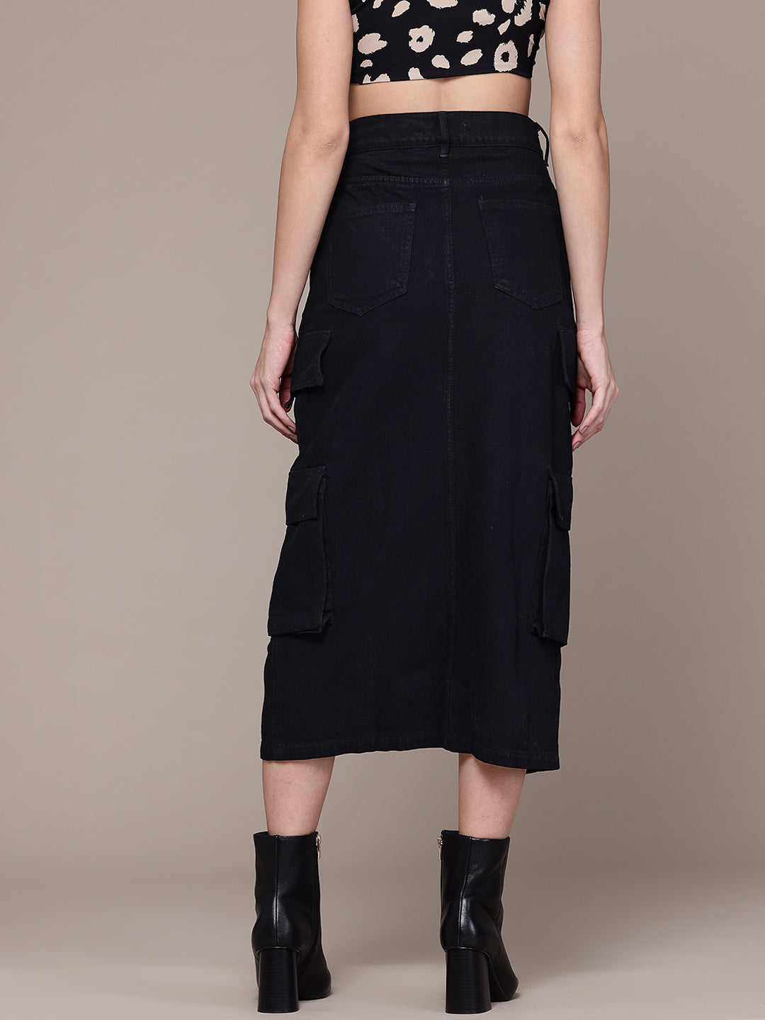 Pure Cotton Black Straight Cargo Denim Midi Skirt with Front Slit