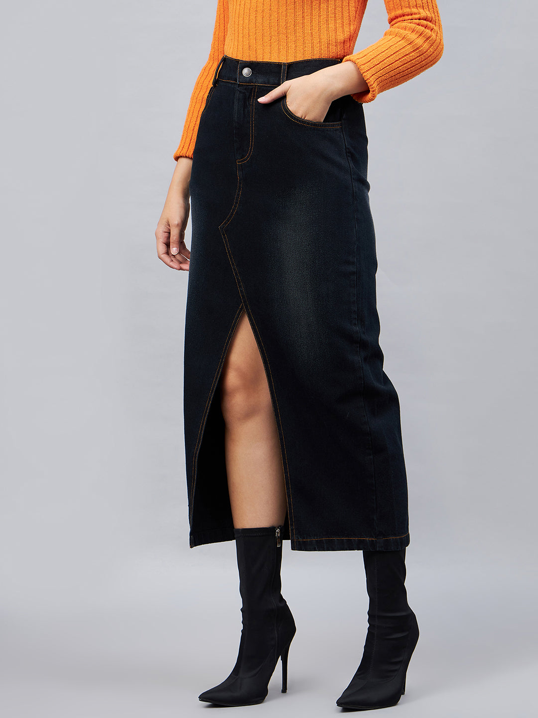 Black Front Slit Denim Straight Skirt