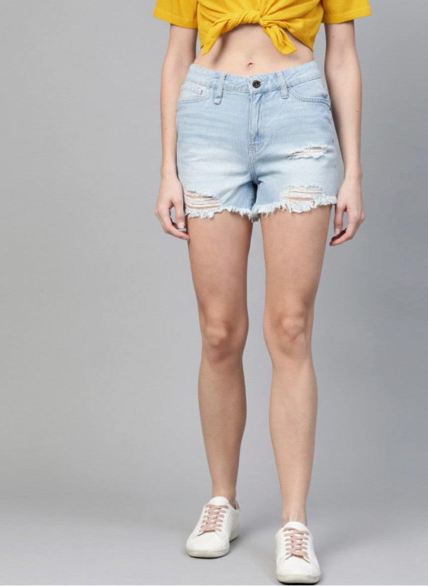 Blue Washed Regular Fit Denim Shorts