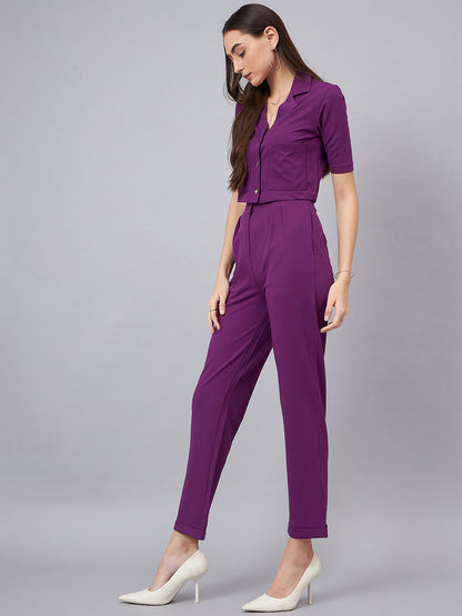 PURPLE Notched Lapel Collar Crop Top With Trouser