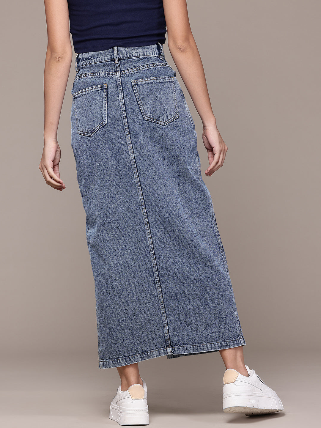 Pure Cotton Straight Denim Maxi Skirt with Cut-Out Detail