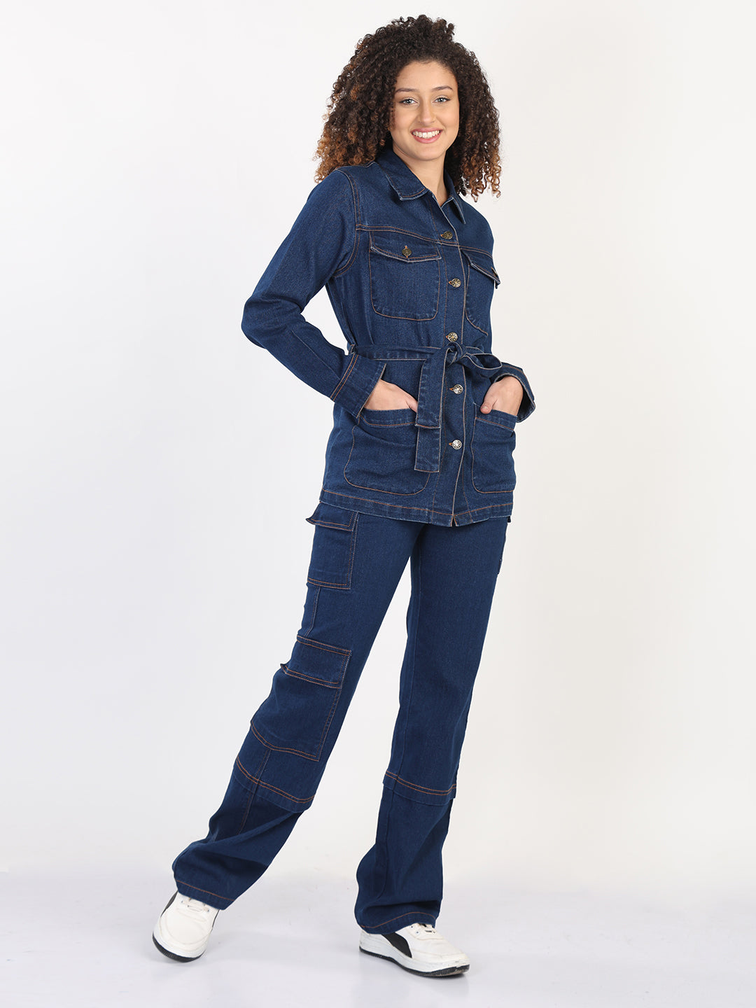 Denim Shacket With Belt & Cargo Jeans