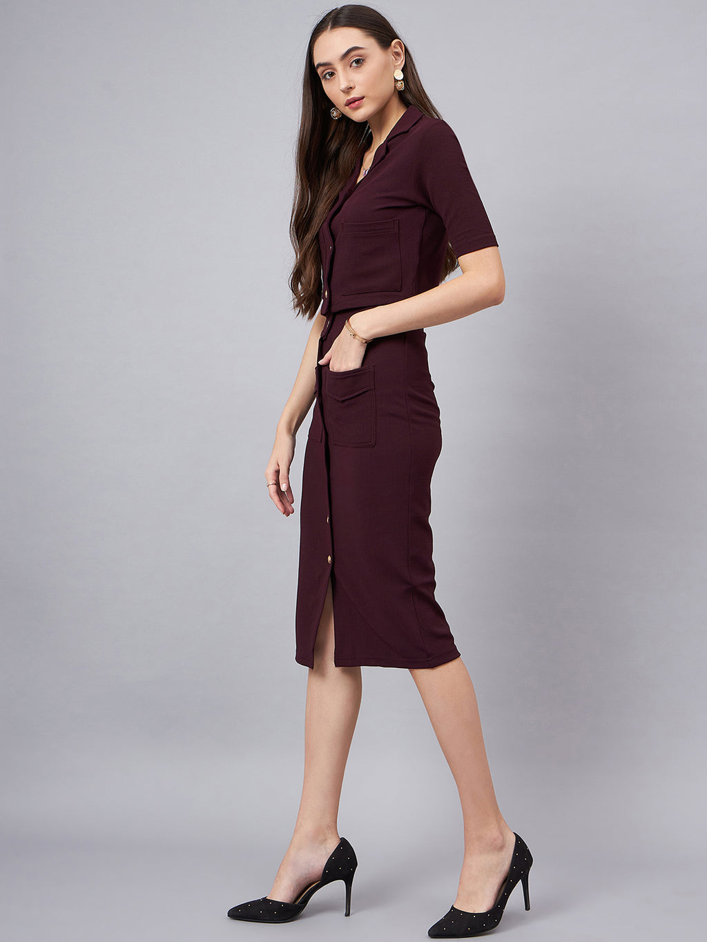 Maroon Crop Blazer With Button Detail Skirt