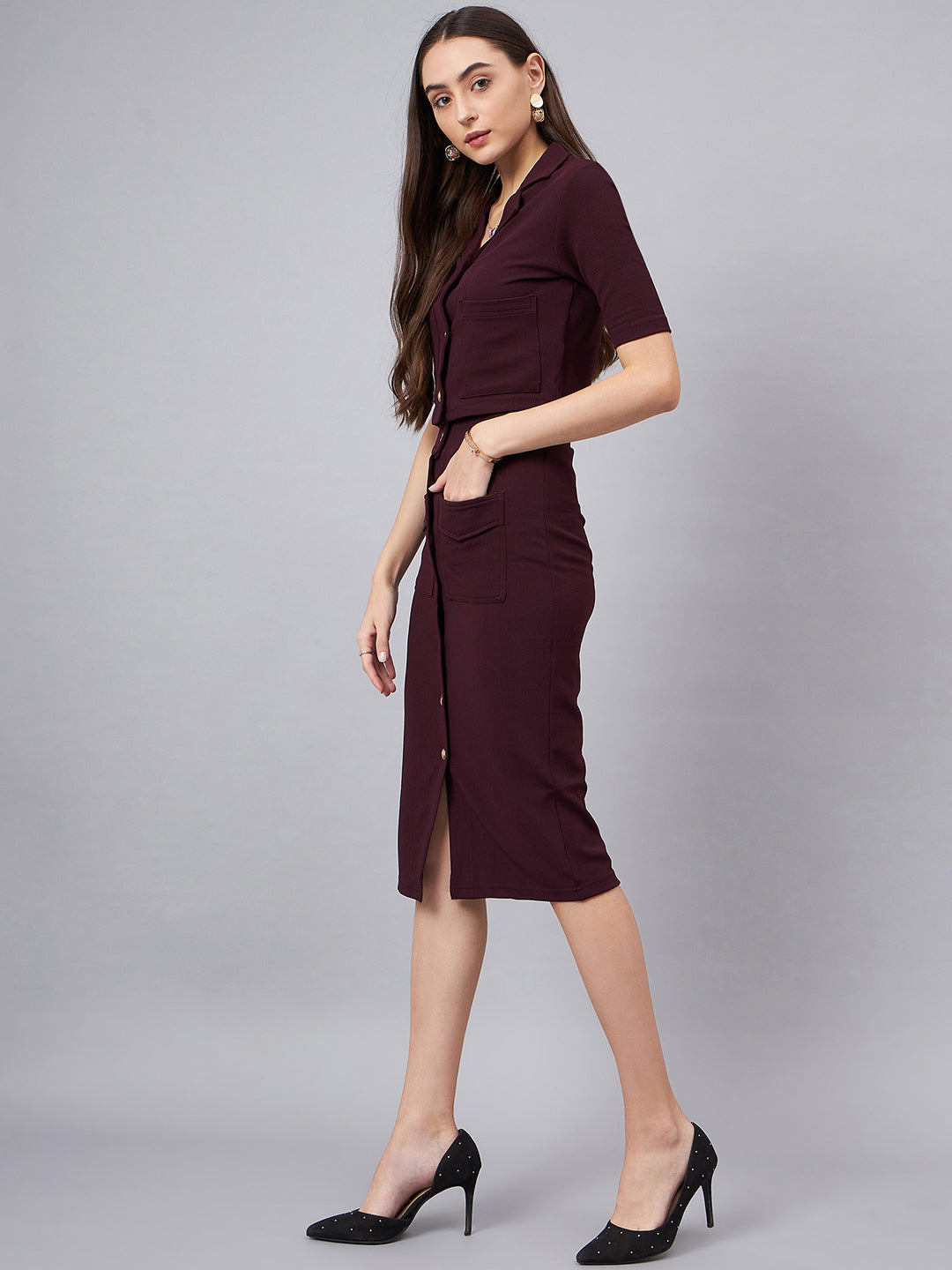 Maroon Crop Blazer With Button Detail Skirt