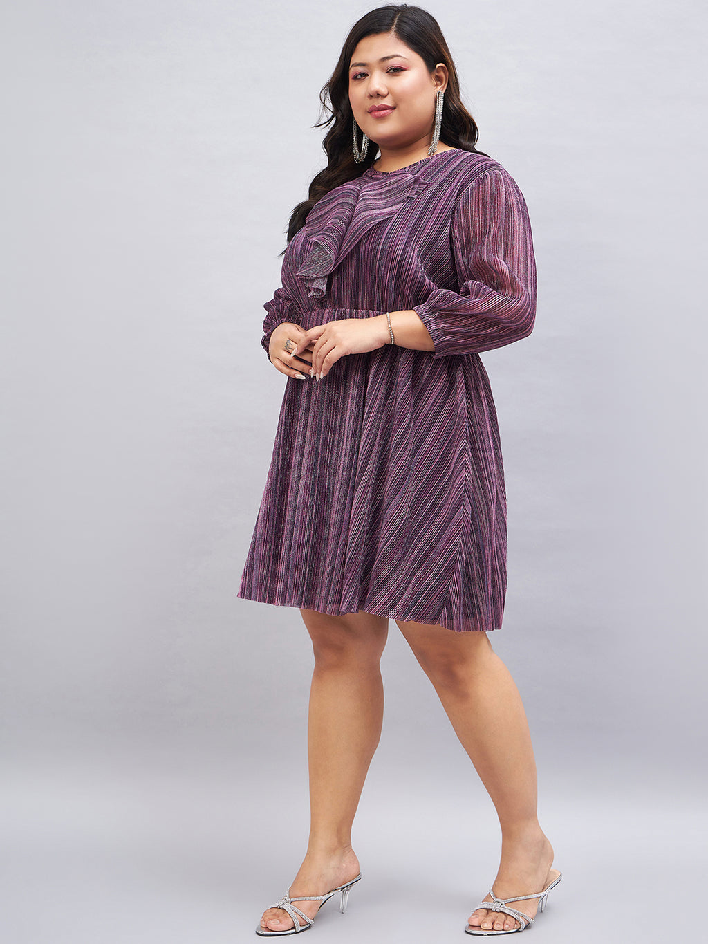 Purple Embellished Puff sleeves Fit And Flare Dress