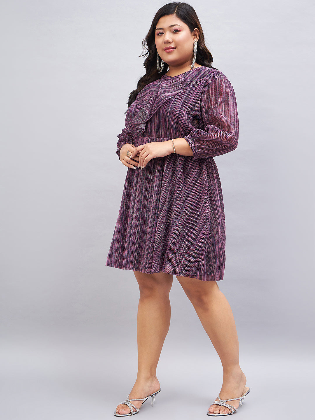 Purple Embellished Puff sleeves Fit And Flare Dress