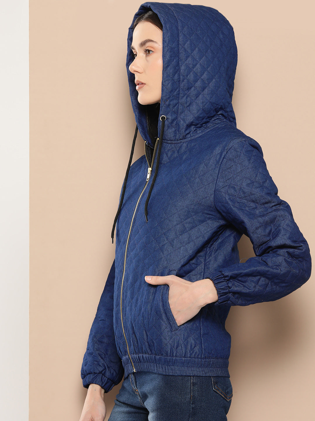 Women Solid Quilted Blue Jacket