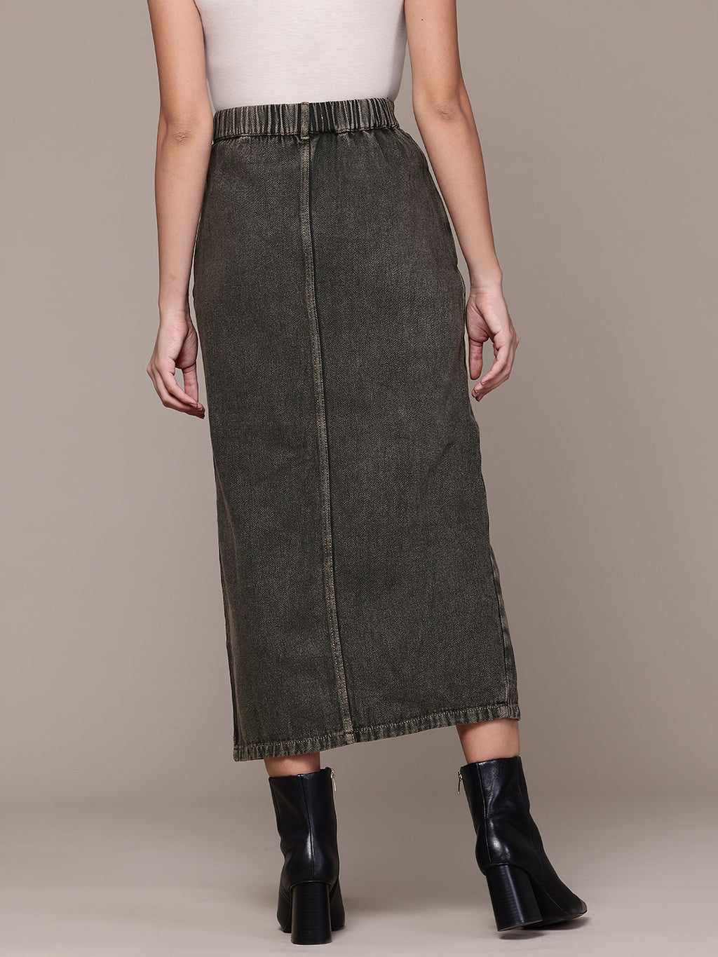 Washed Pure Cotton Denim Straight Midi Skirt with Front Slit