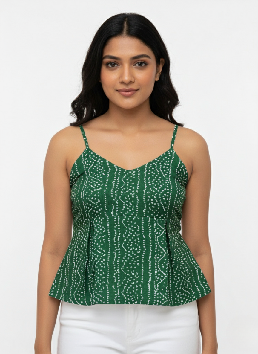 Green printed peplum tunic top.