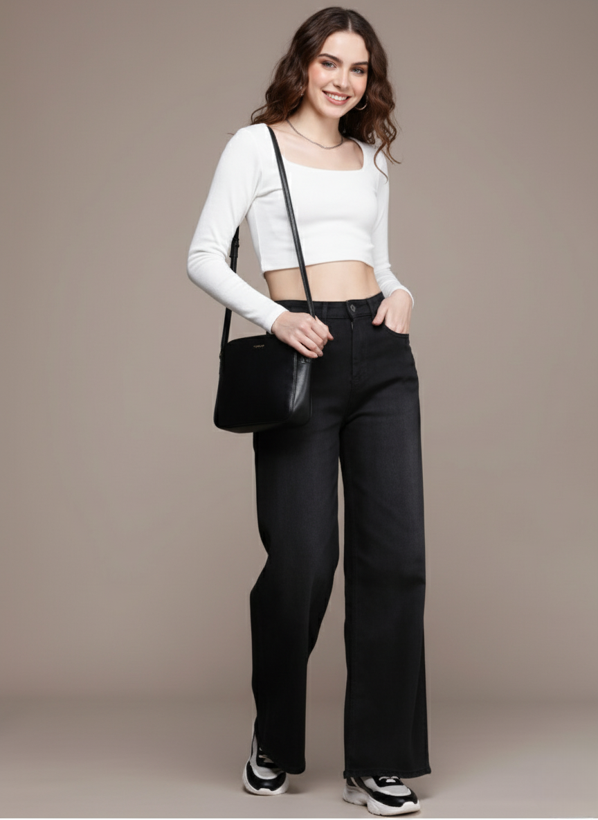 Women Black Wide Leg High Rise Stretchable Jeans