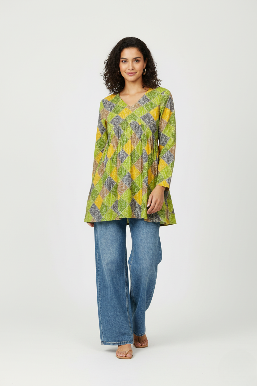 Printed A Line Flared Bandhani print Kurti with Long Sleeves.