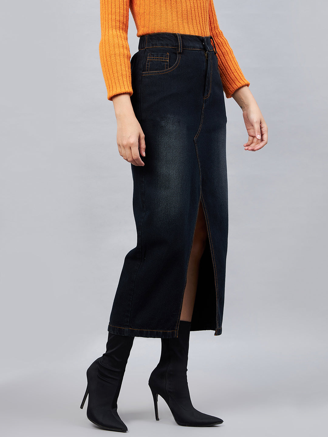 Black Front Slit Denim Straight Skirt