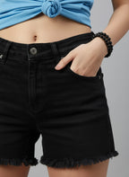 Black Washed Regular Fit Frayed Hem Denim Shorts