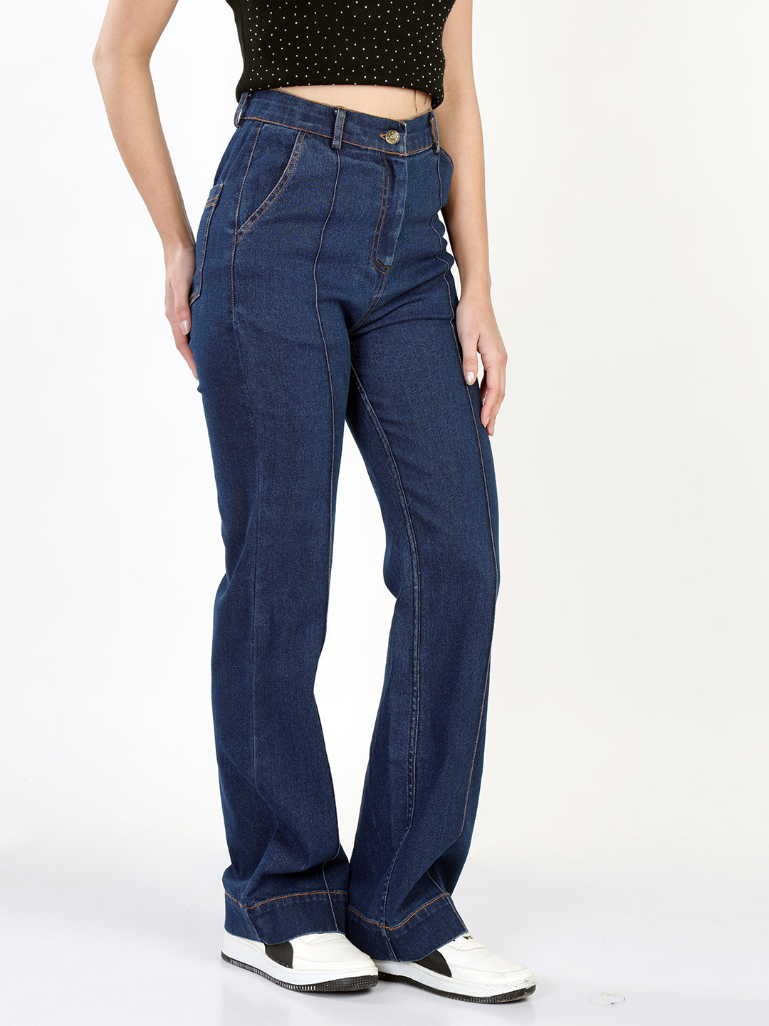 Women Flared High-Rise Clean Look Cotton Jeans