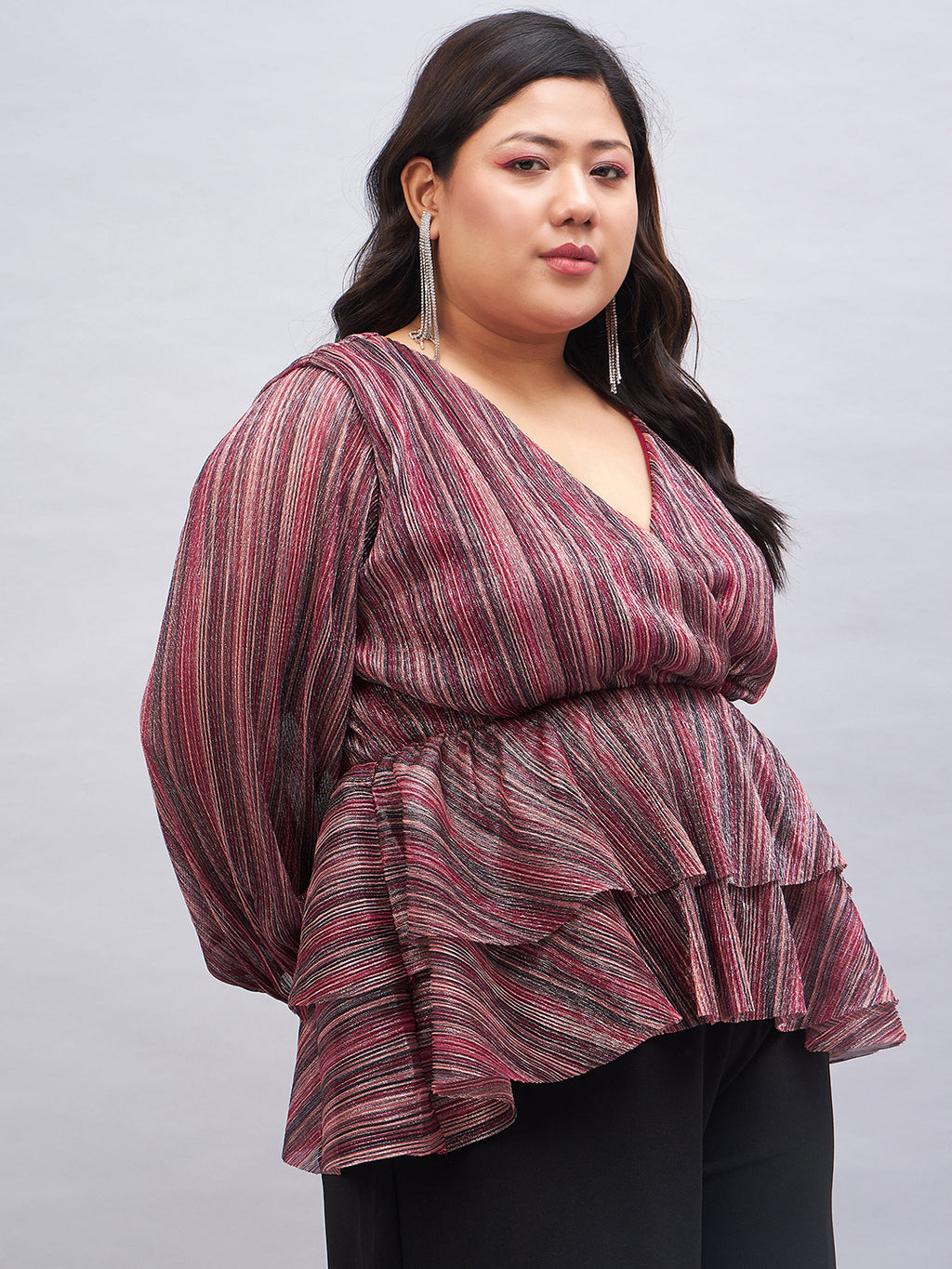 Plus Size Striped Puff Sleeve Layered Top