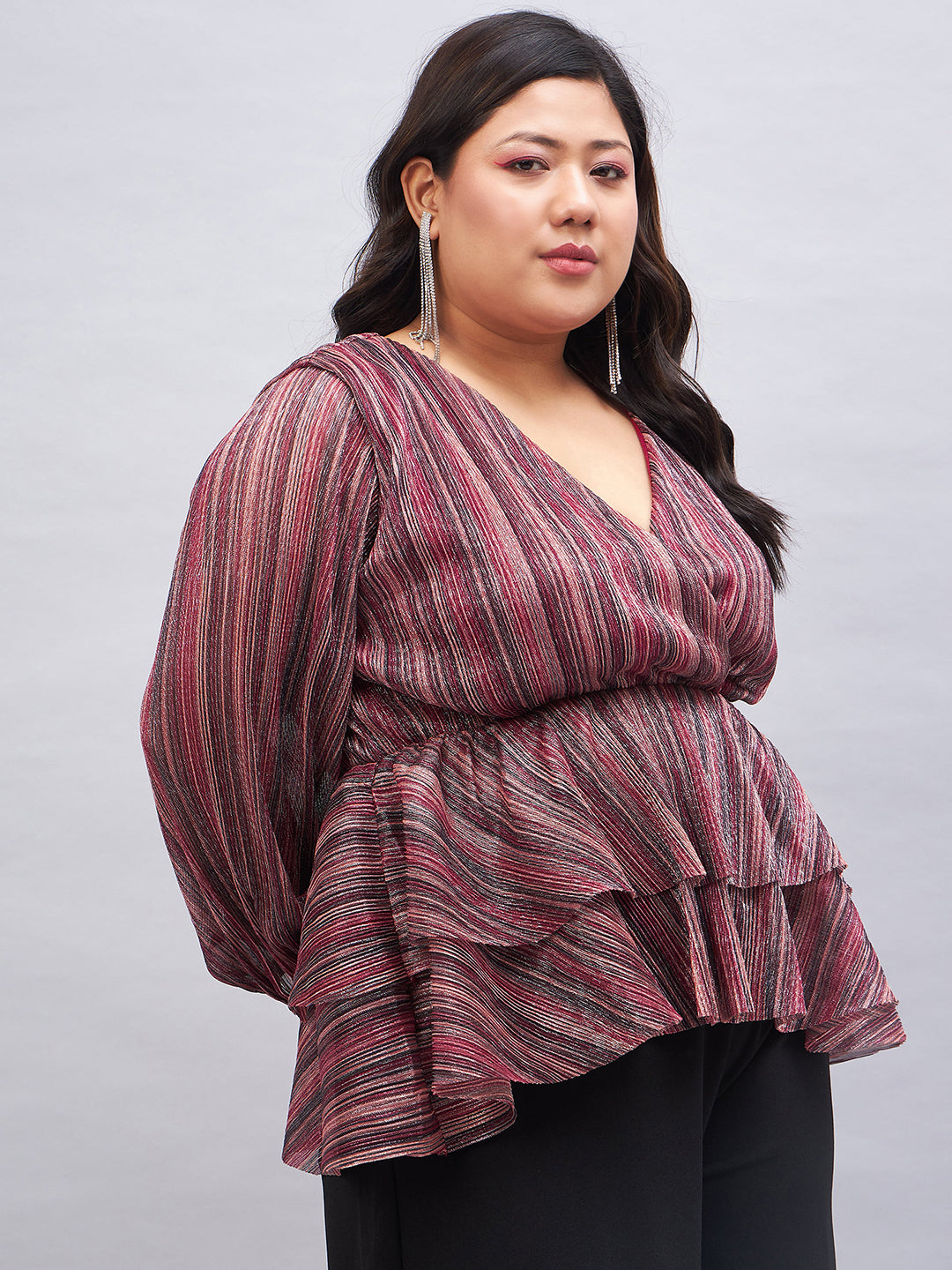 Plus Size Striped Puff Sleeve Layered Top