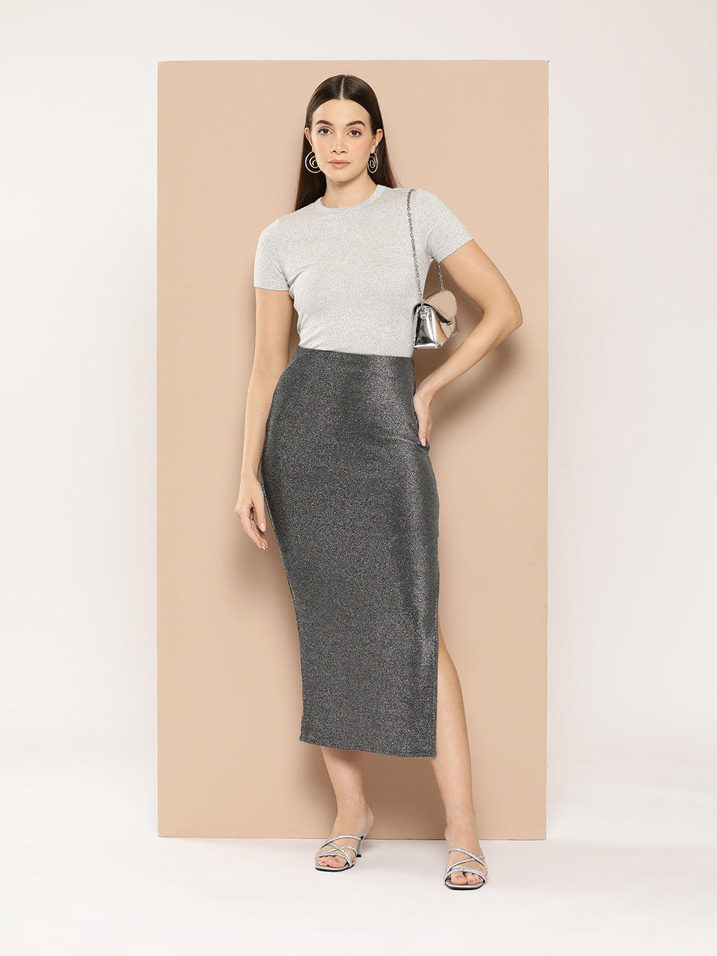 Women Solid Pencil Shiny Midi Skirt