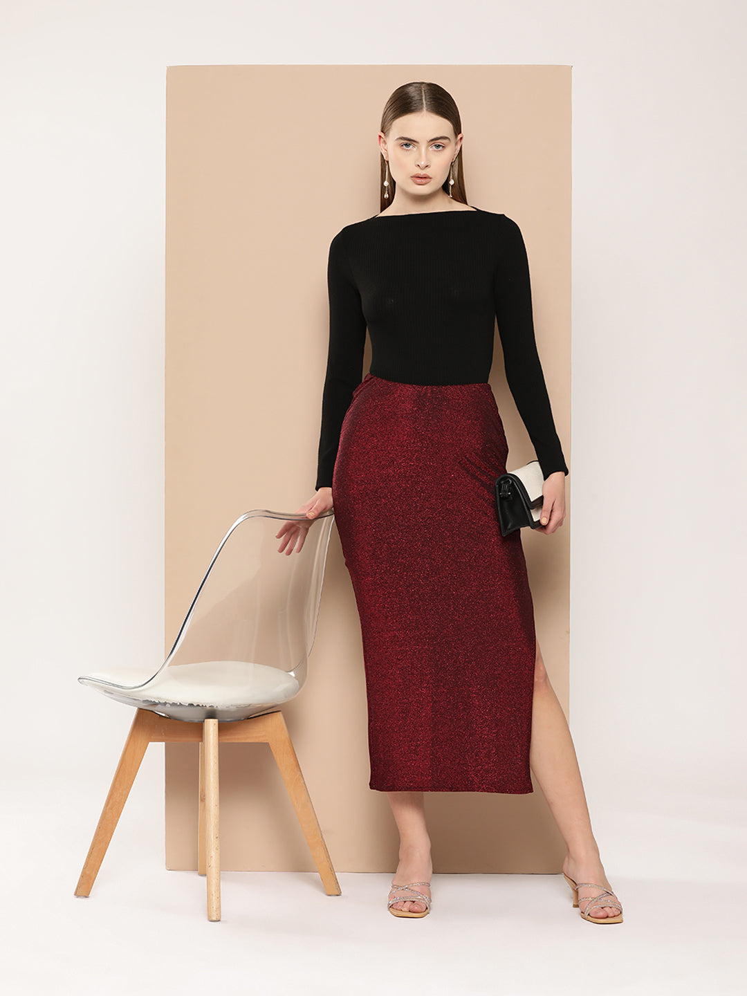 Women Solid Pencil Maroon Shiny Midi Skirt