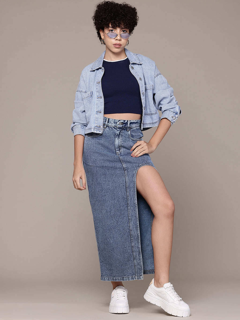 Pure Cotton Straight Denim Maxi Skirt with Cut-Out Detail