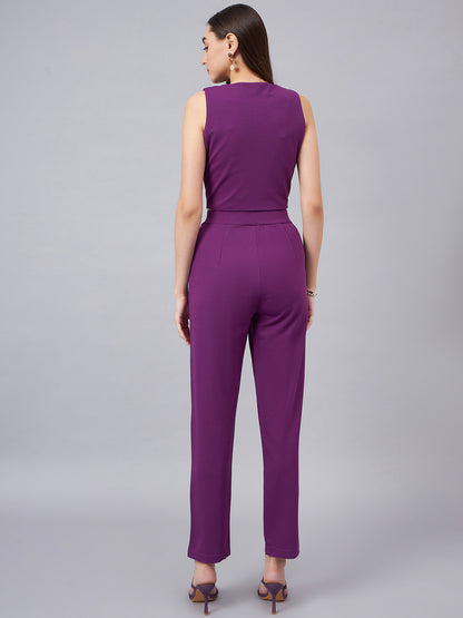 Purple V-Neck Crop Top With Trouser