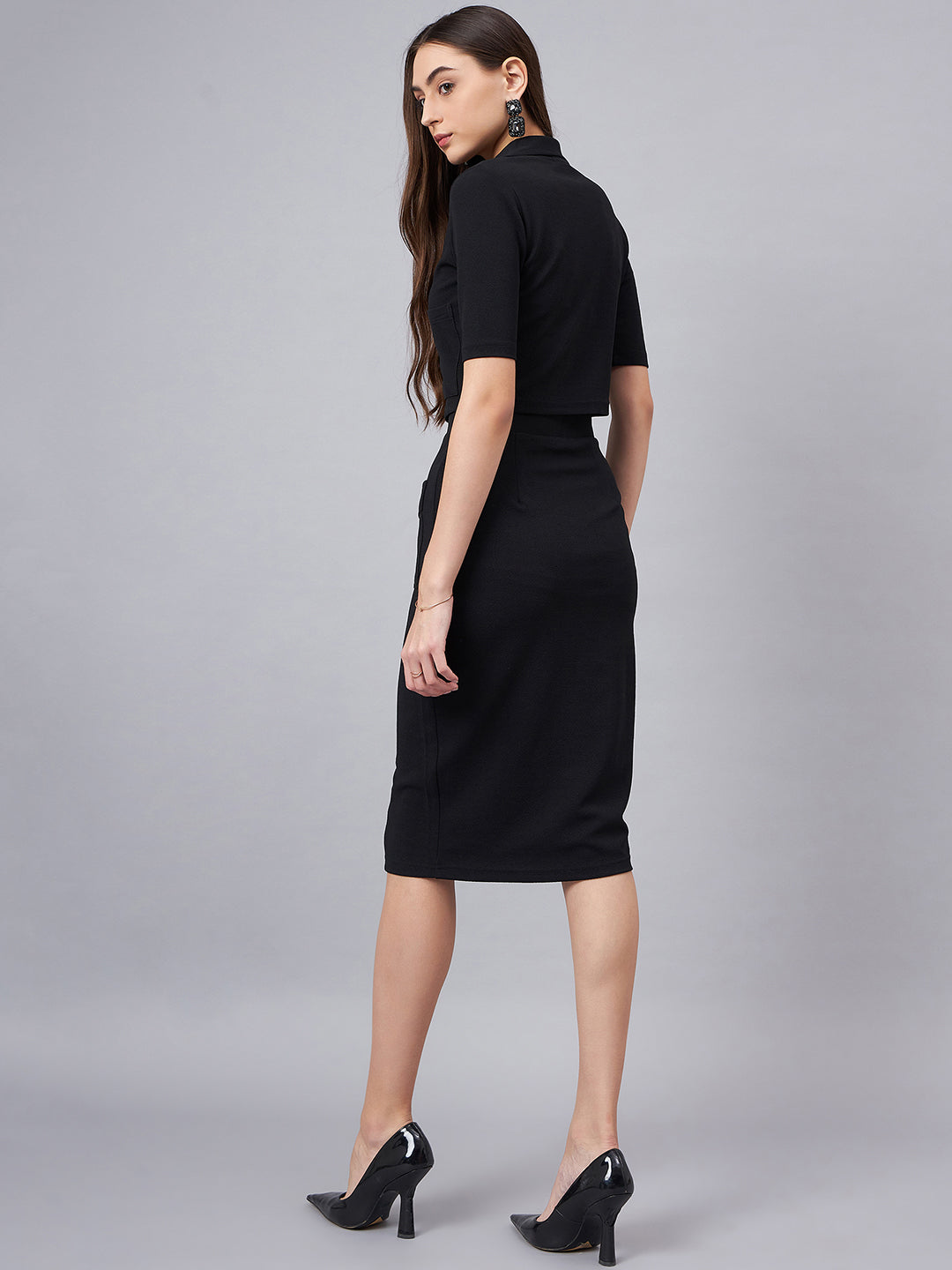 Black Crop Top With With Button Detail Skirt