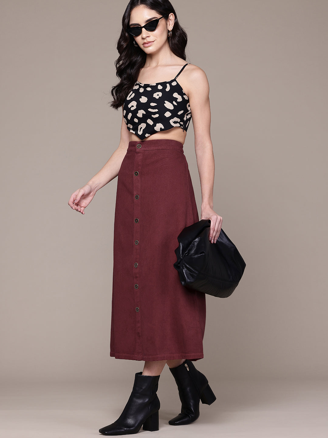 Maroon Denim Midi A-Line Skirt