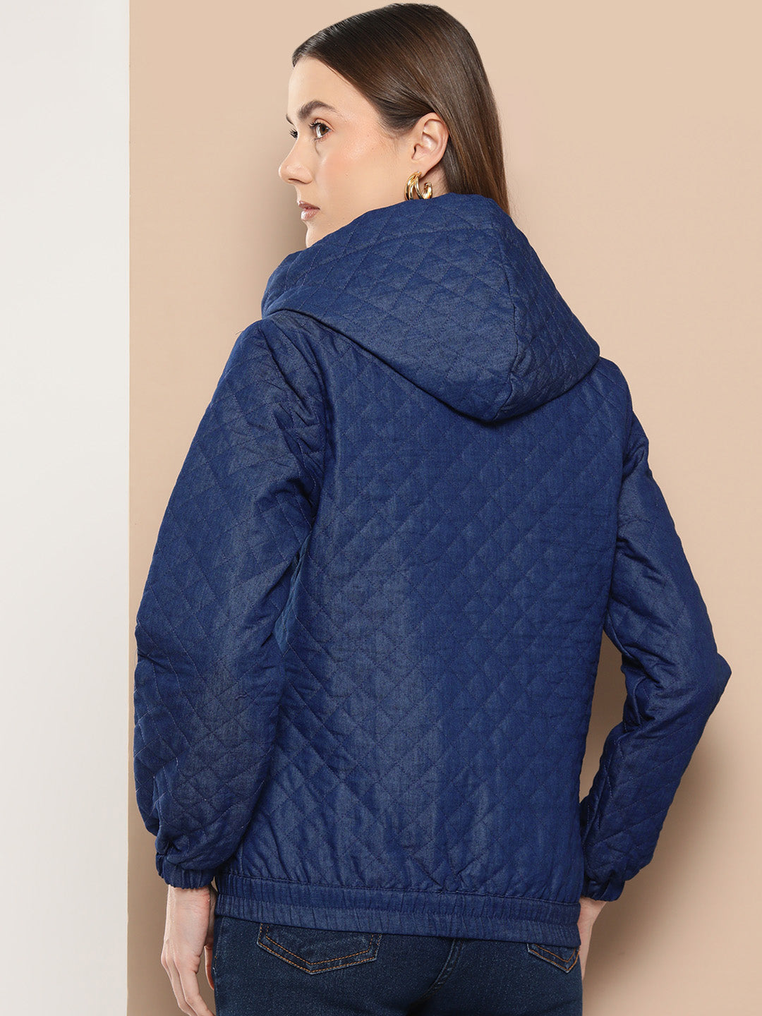 Women Solid Quilted Blue Jacket