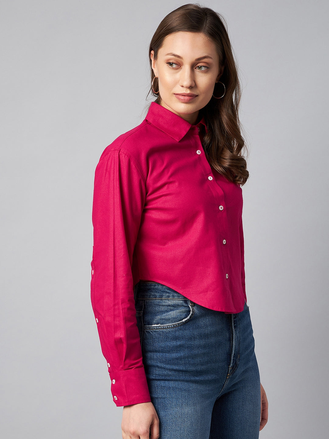Spread Collar Cotton Crop Casual Shirt