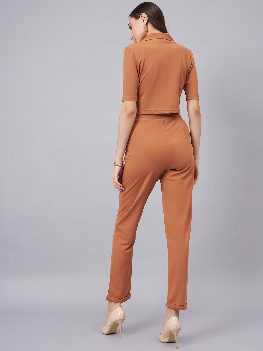 Brown Notched Lapel Collar Crop Top With Trouser