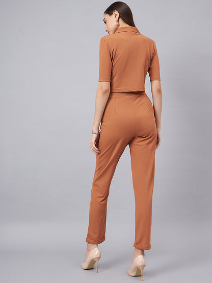 Brown Notched Lapel Collar Crop Top With Trouser