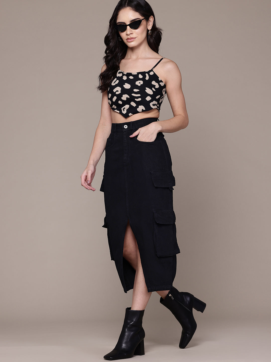 Pure Cotton Black Straight Cargo Denim Midi Skirt with Front Slit