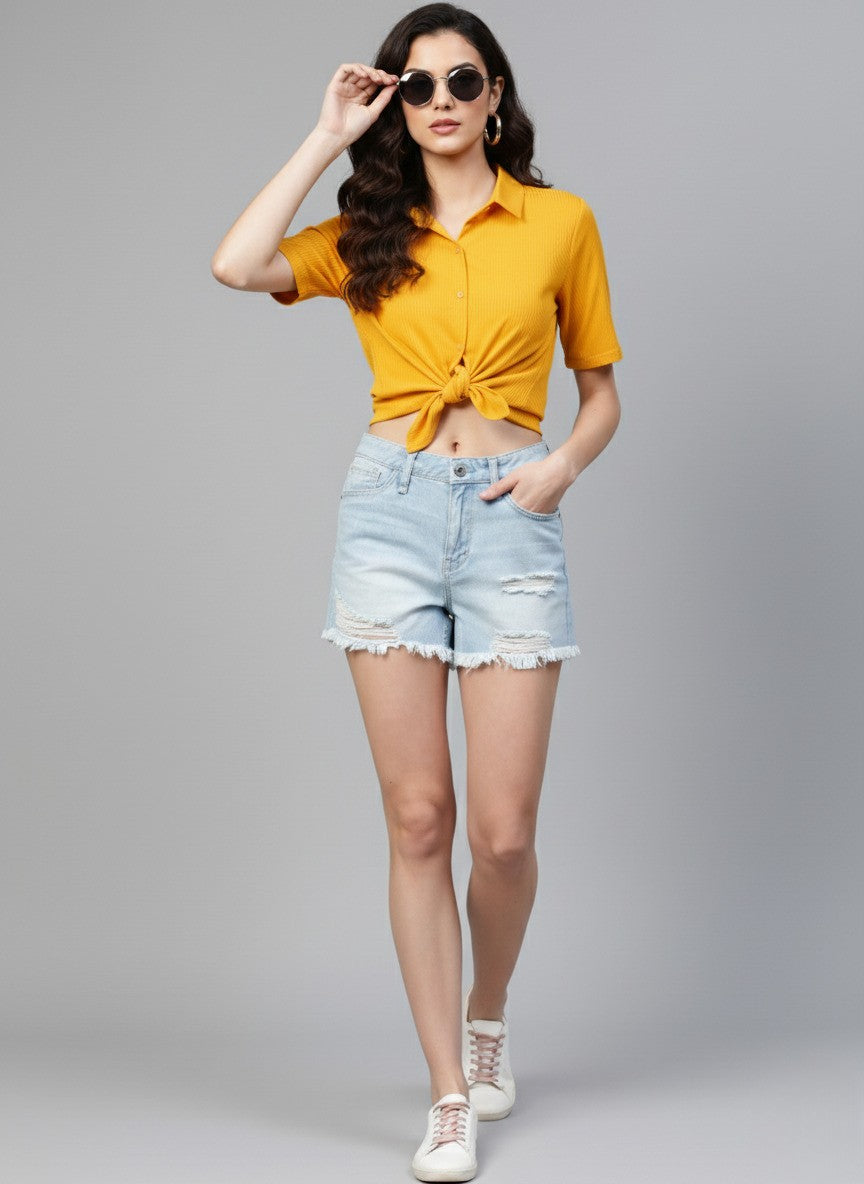 Blue Washed Regular Fit Denim Shorts