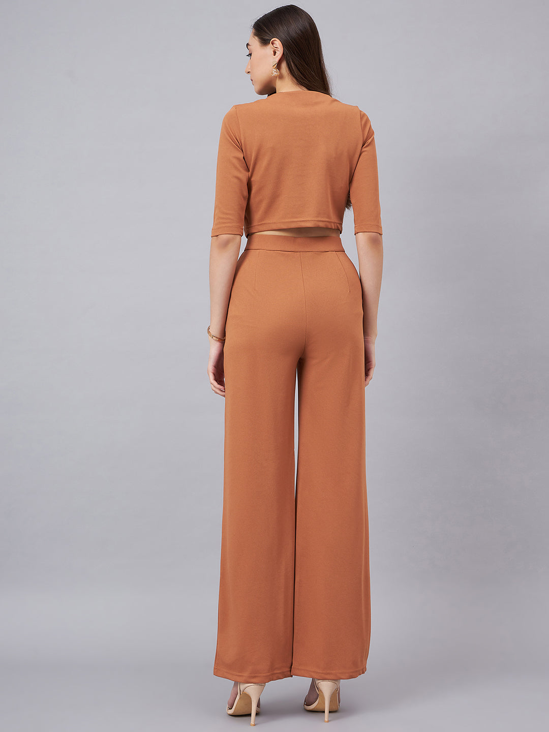 Brown Round Neck Crop Top With Trouser