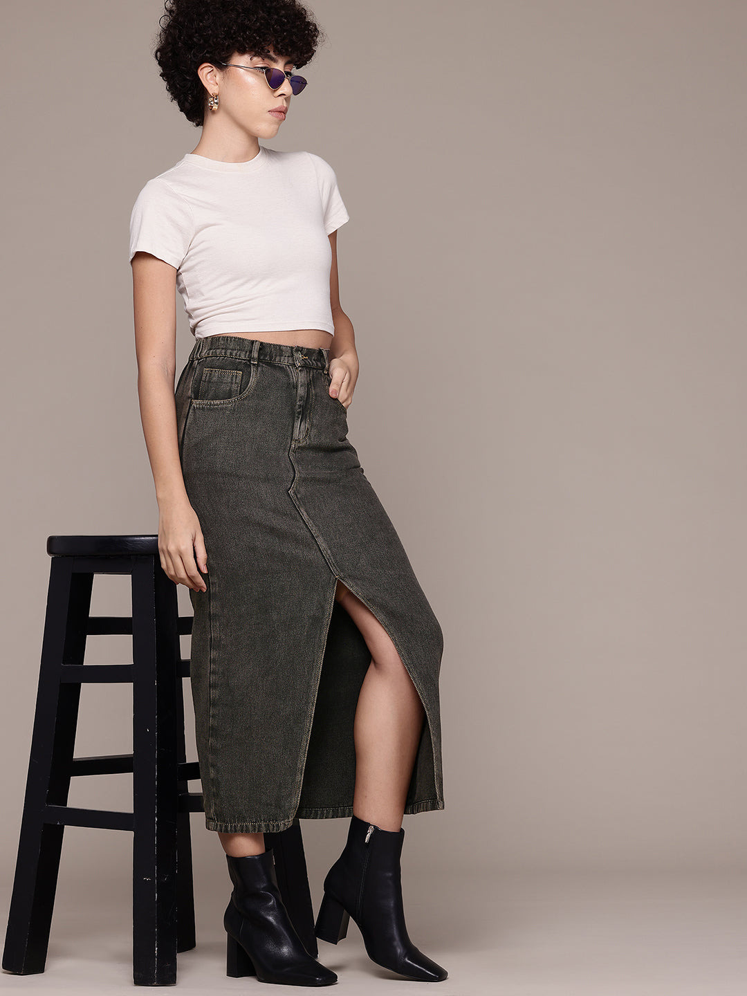 Washed Pure Cotton Denim Straight Midi Skirt with Front Slit