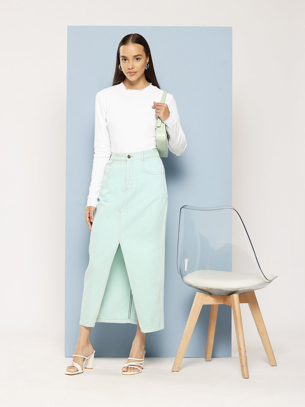Pure Cotton Green Denim Straight Maxi Skirt with Front Slit