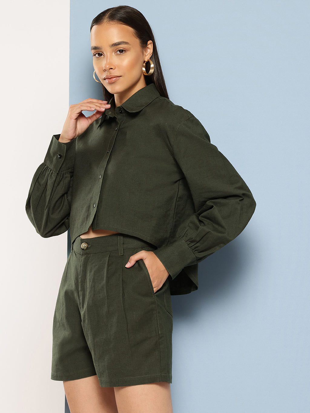 Green Pure Cotton Shirt With Shorts