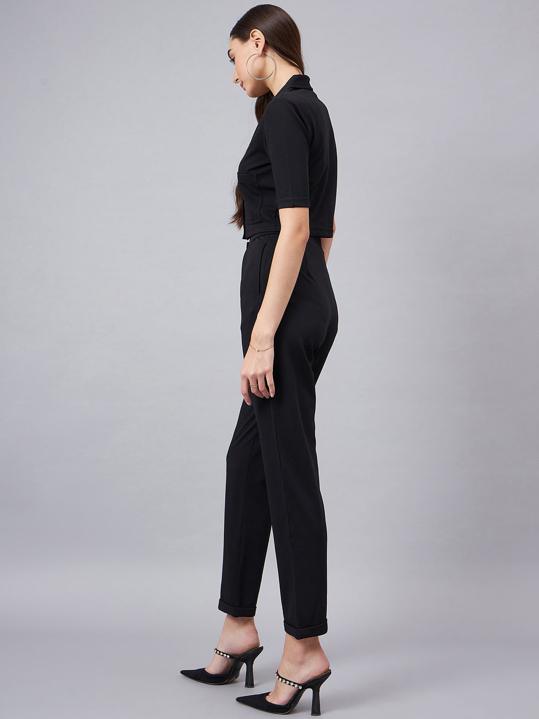 Black Notched Lapel Collar Crop Top With Trouser