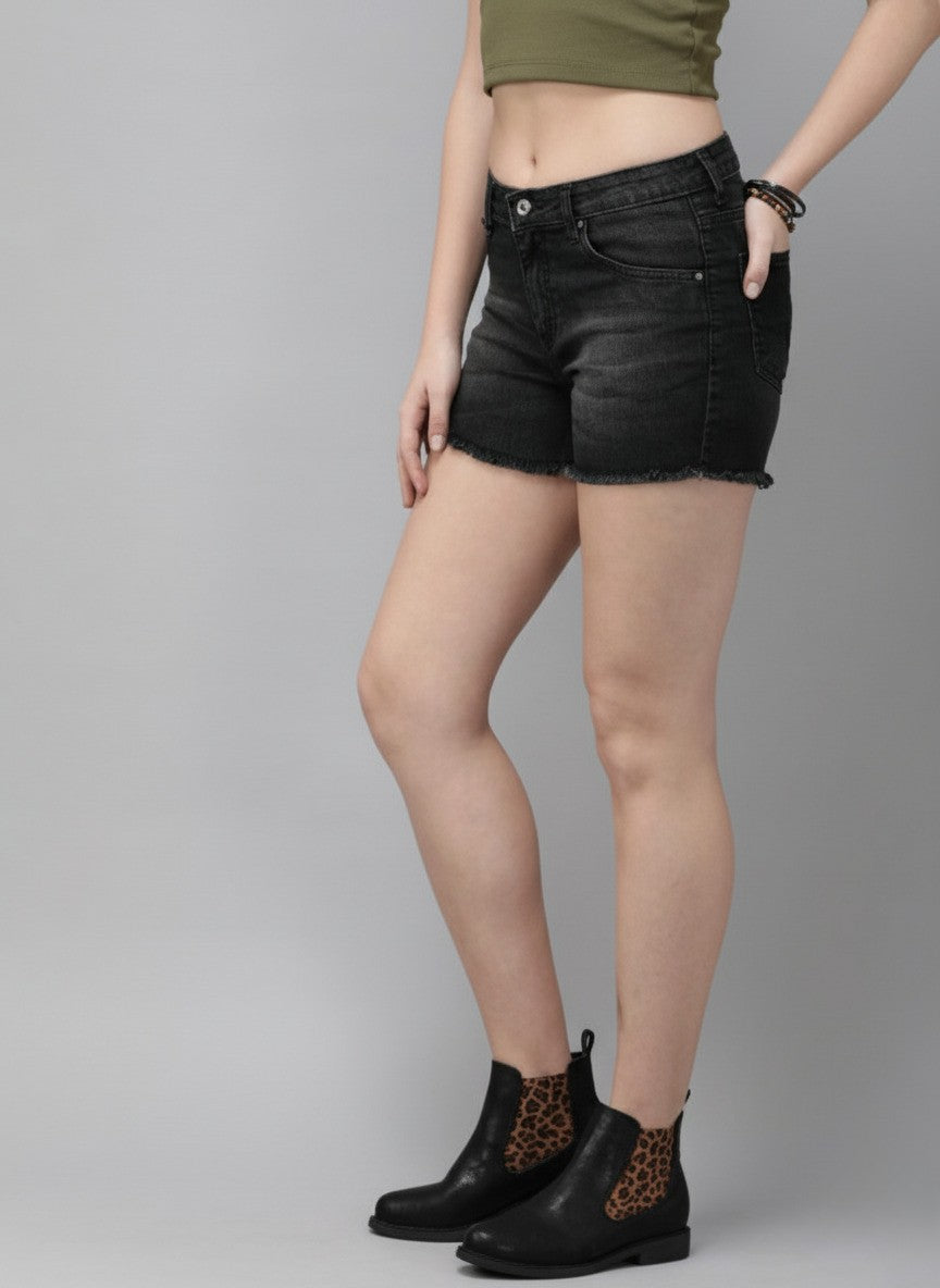 Black Washed Regular Fit Denim Shorts