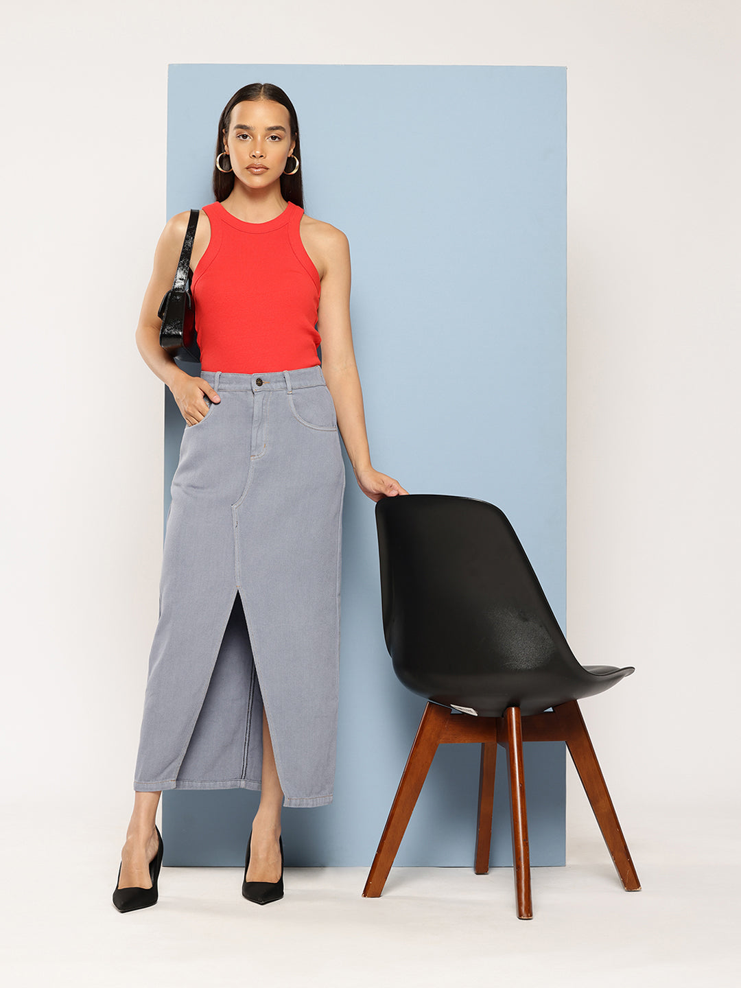 Grey Pure Cotton Denim Straight Maxi Skirt with Front Slit