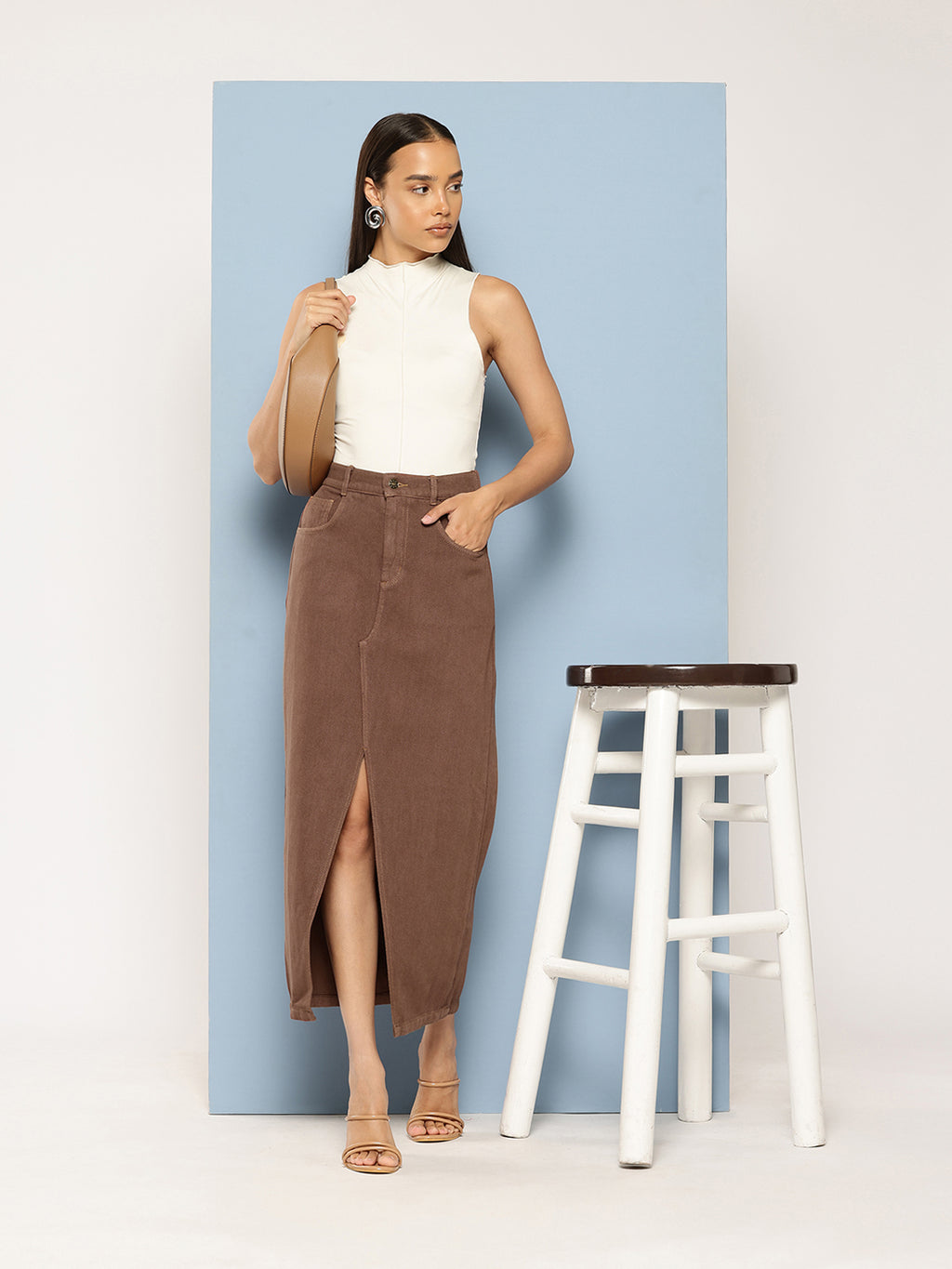 Pure Cotton Denim Straight Maxi Skirt with Front Slit