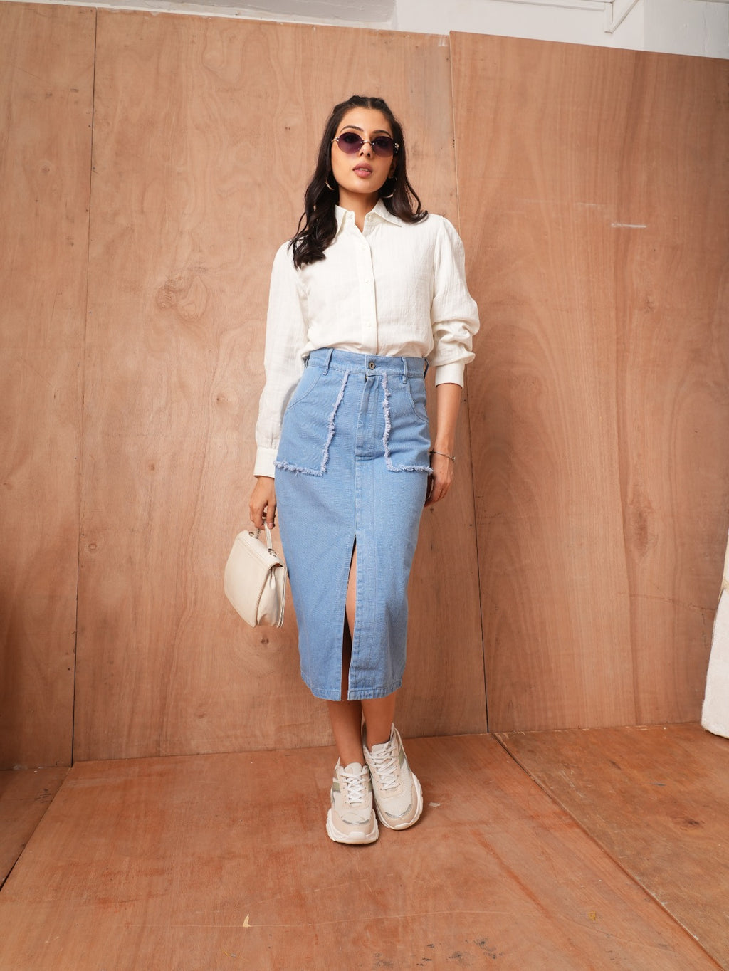 Blue Faded A-Line Midi Skirt