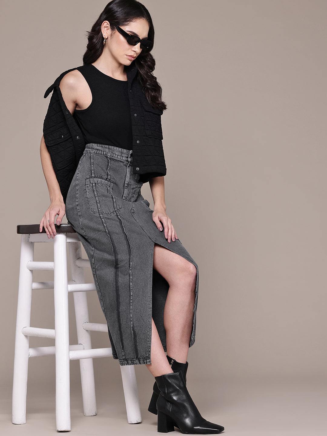 Pure Cotton Denim Straight Midi Skirt with Front Slit