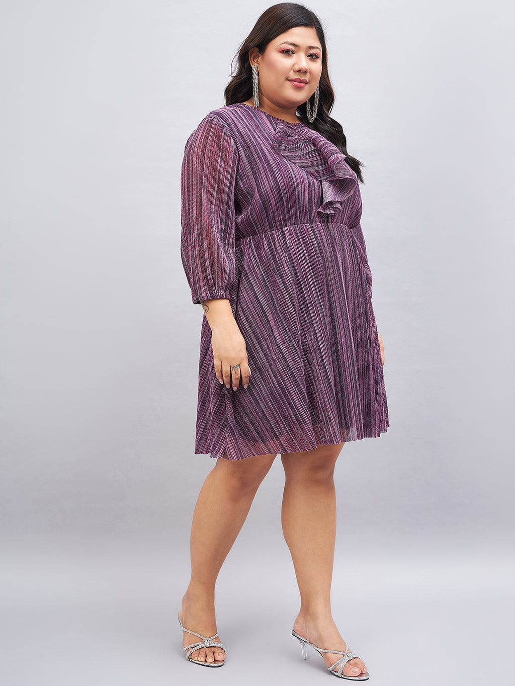 Purple Embellished Puff sleeves Fit And Flare Dress