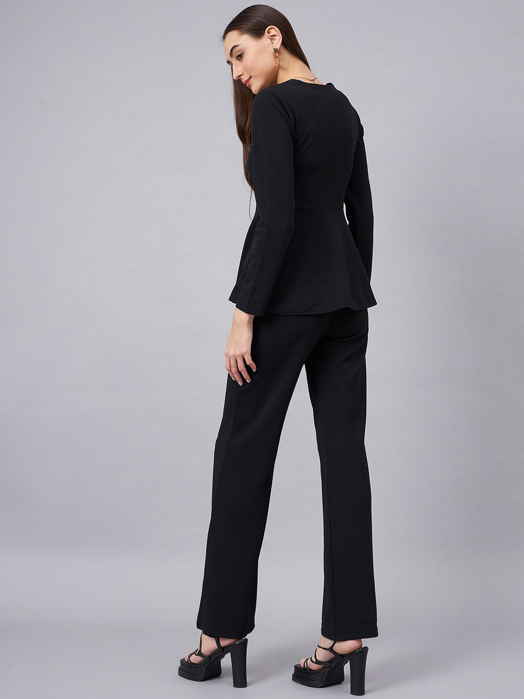 Black Sweetheart Neck Peplum Top With Flared Trousers