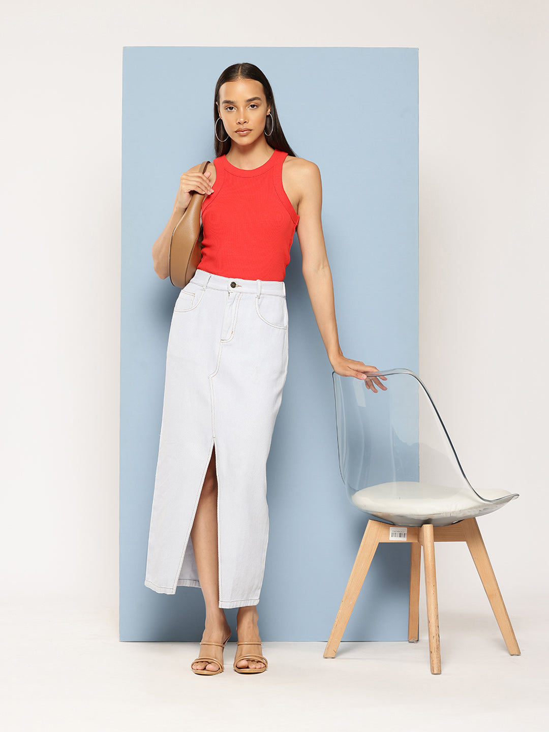 Pure Cotton Denim Straight Maxi Skirt with Front Slit