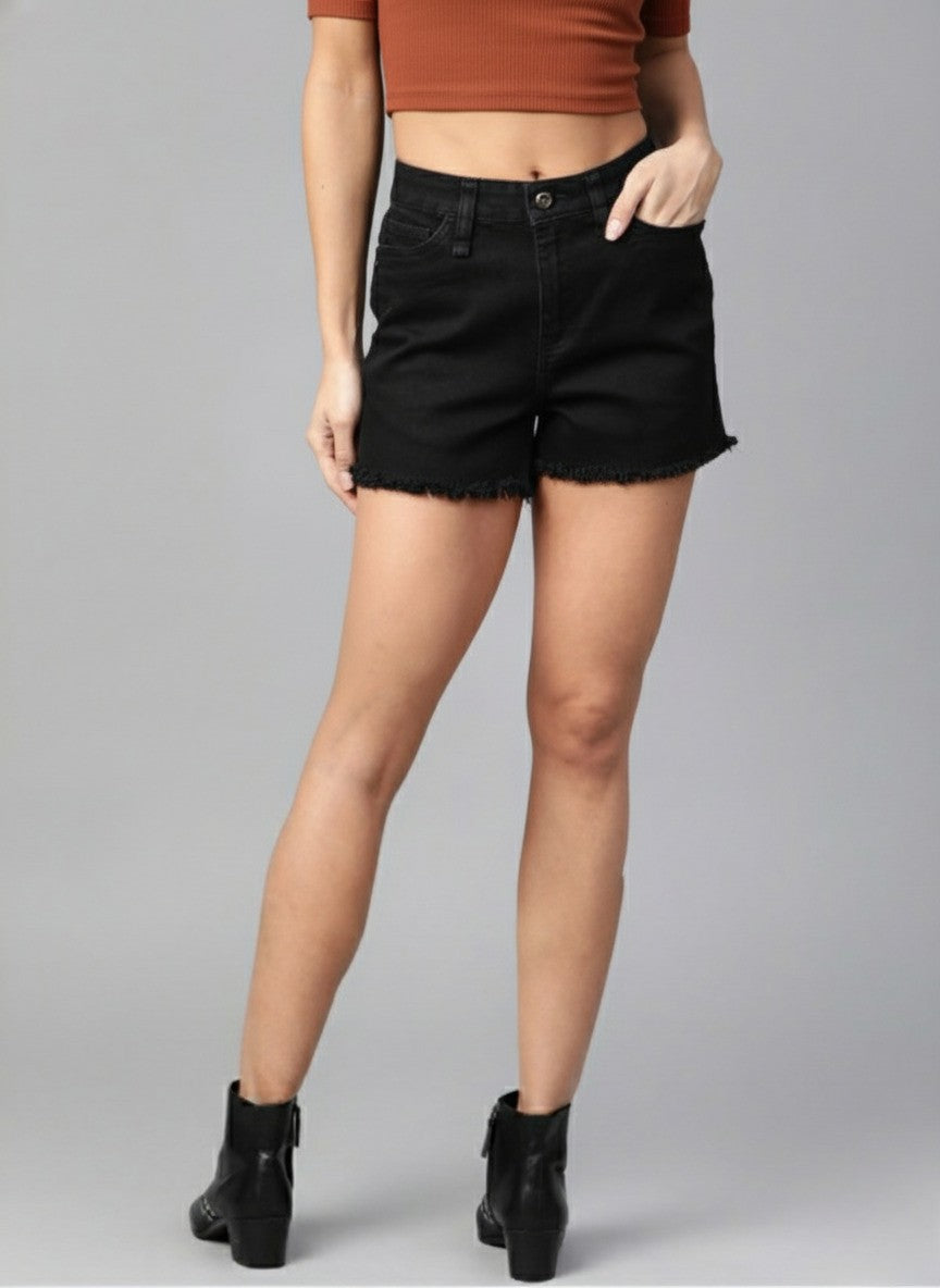 Black Solid Regular Fit Denim Shorts