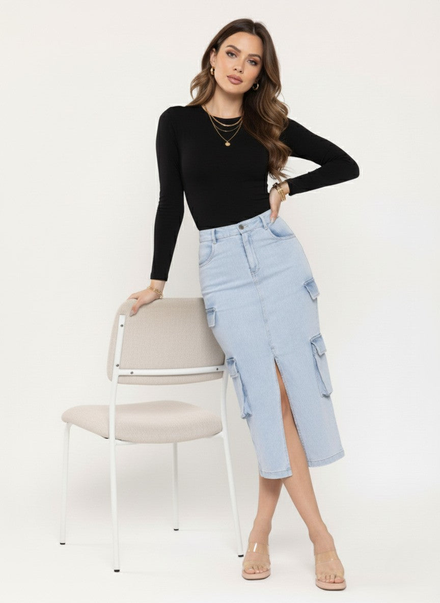 Denim Front Slit Cargo Pencil Midi Skirt
